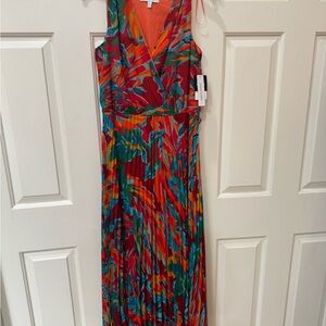 Sandra Darren Vibrant Red and Green Maxi Dress